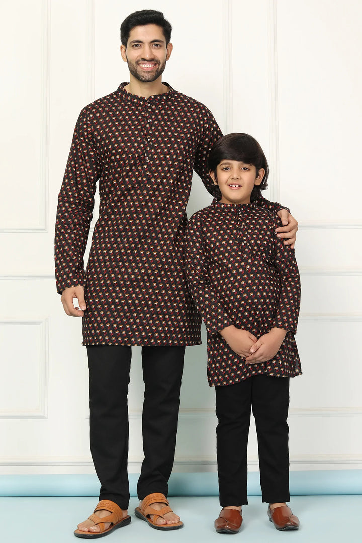 Black Printed Short Matching Kurta Father & Son Twin Set