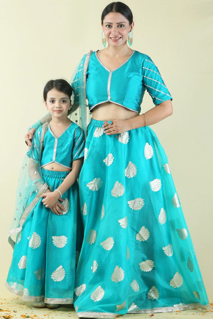 Mom and Daughter Twin Set: Teal & Golden Lehenga Choli