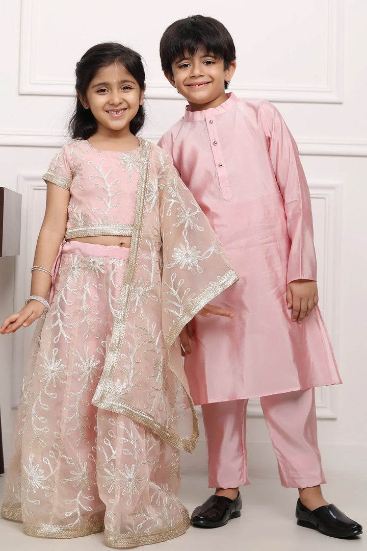 Peach Gota Patti Lehenga Choli with Matching Kurta Pyjama Twin Set