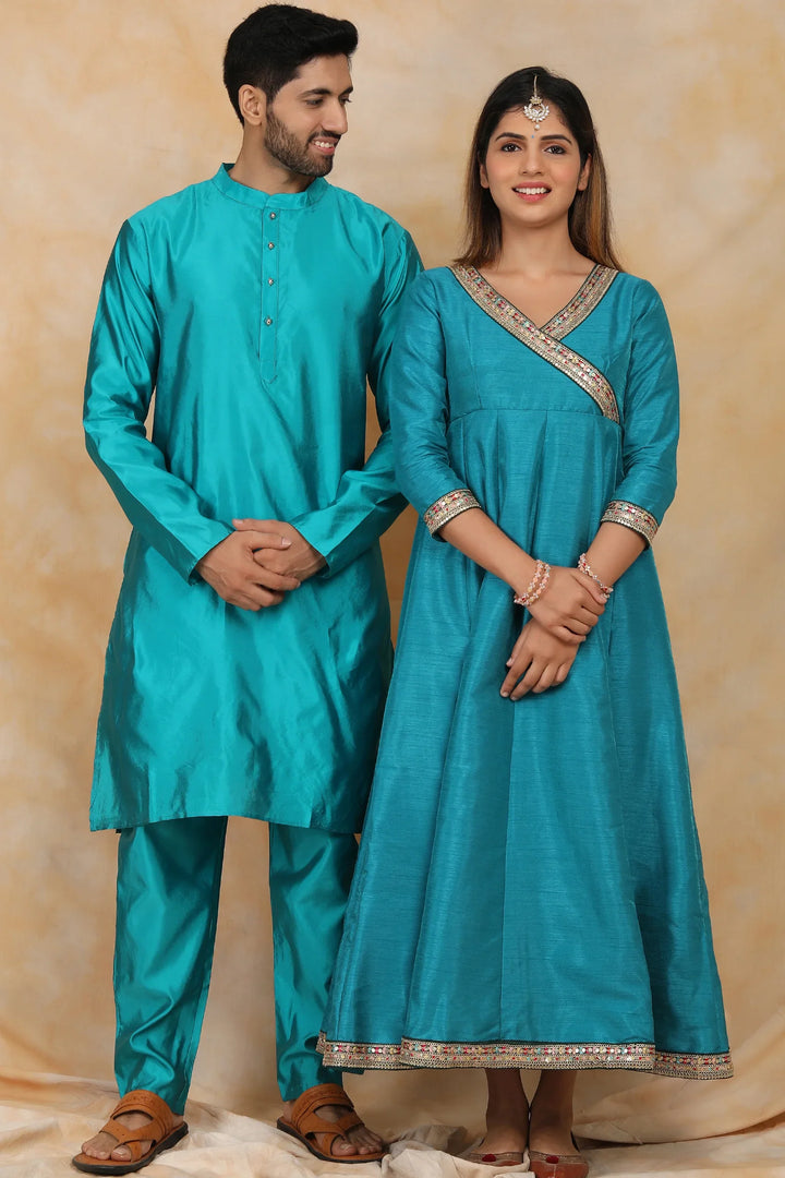 Exquisite Peacock Blue Ethnic Silk Gown with Matching Kurta Pyjama Couple Set