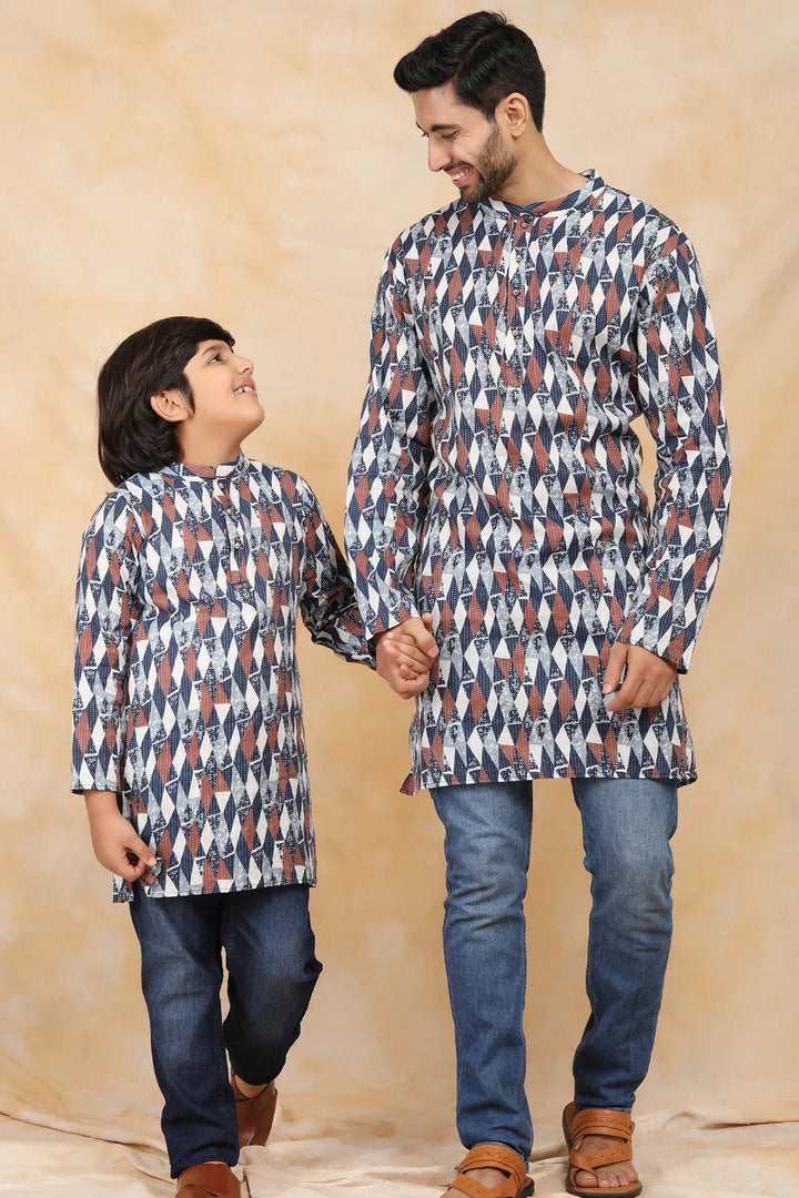 Navy Blue & White Ikkat Printed Matching Kurta Father & Son Twin Set
