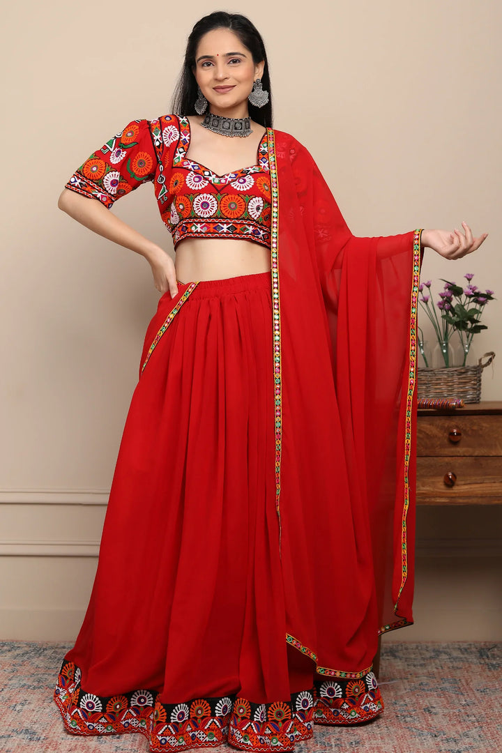 Exclusive Hand Embroidered Ethnic  Red Chaniya Choli Set with Matching Dupatta For Women