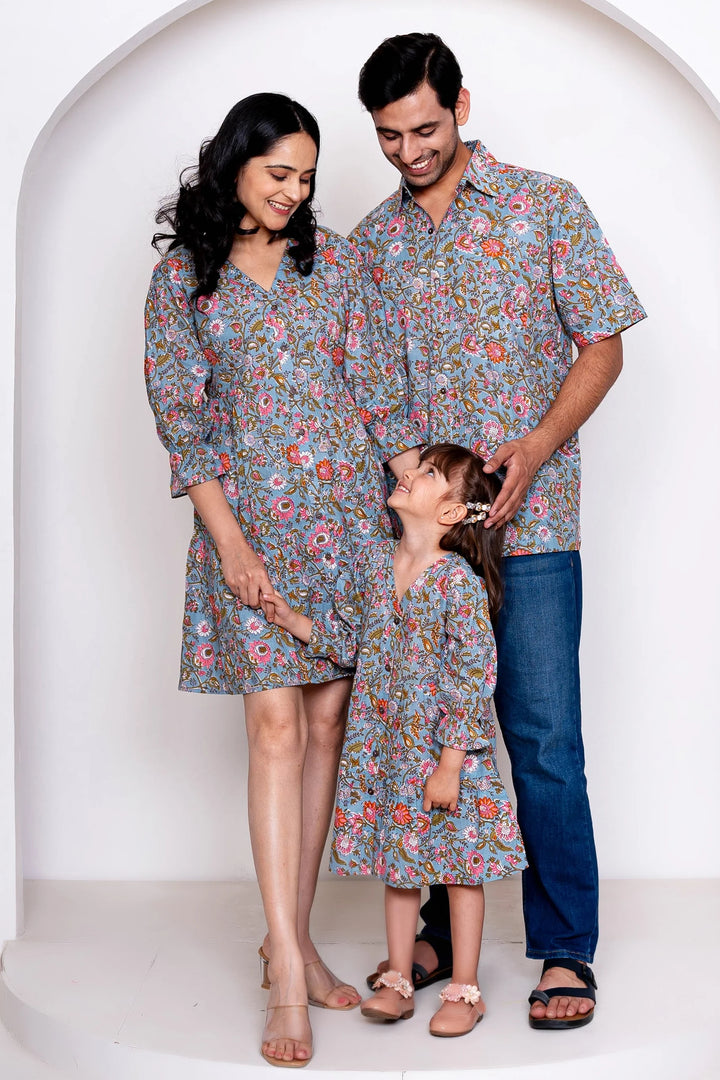 Grey floral Printed Family Sets with Matching Dress & shirts