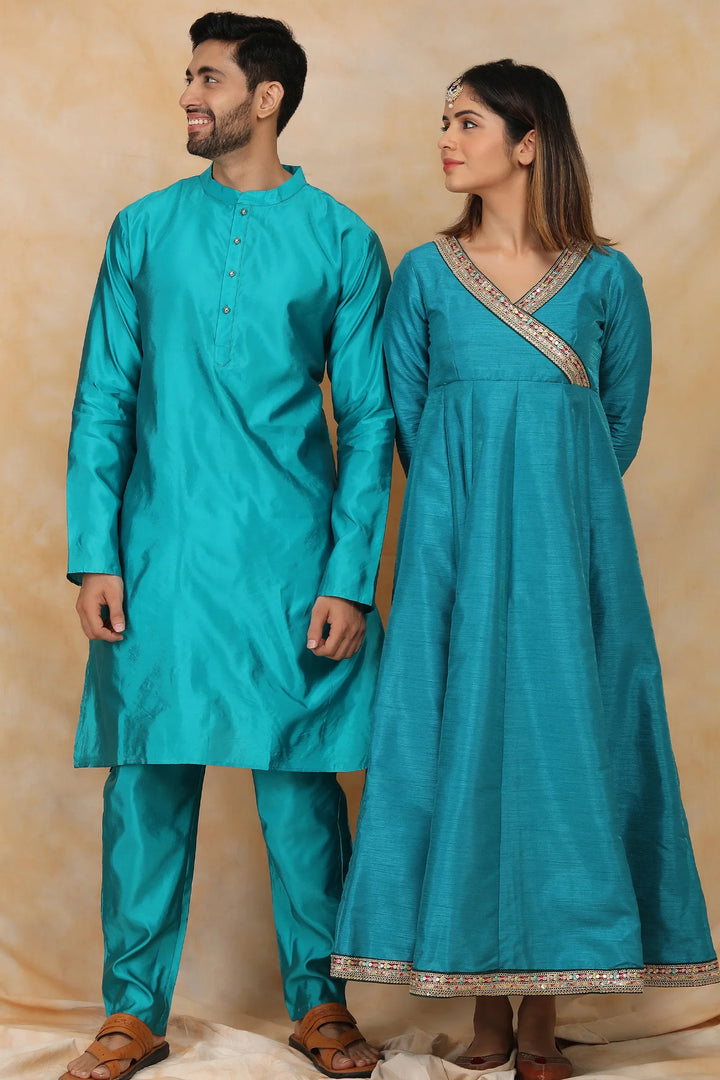 Exquisite Peacock Blue Ethnic Silk Gown with Matching Kurta Pyjama Couple Set