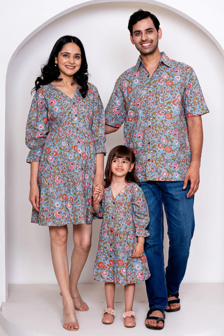 Grey floral Printed Family Sets with Matching Dress & shirts