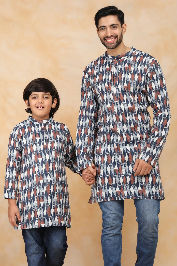 Navy Blue & White Ikkat Printed Matching Kurta Father & Son Twin Set
