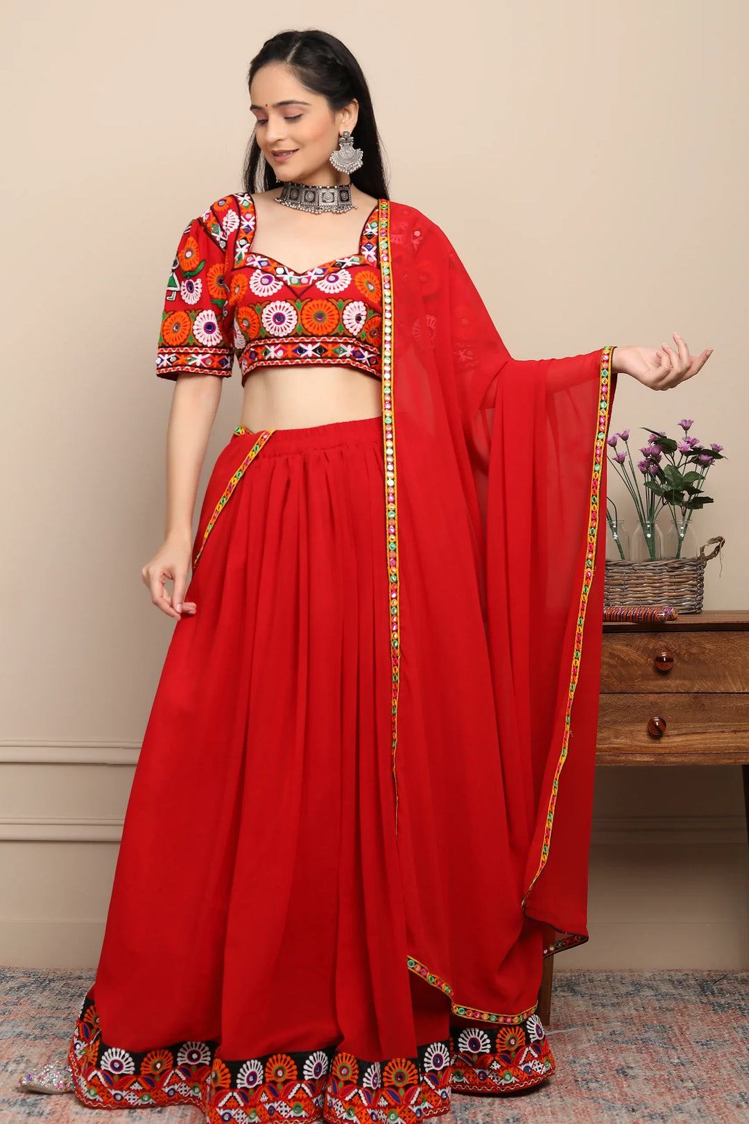 Exclusive Hand Embroidered Ethnic  Red Chaniya Choli Set with Matching Dupatta For Women