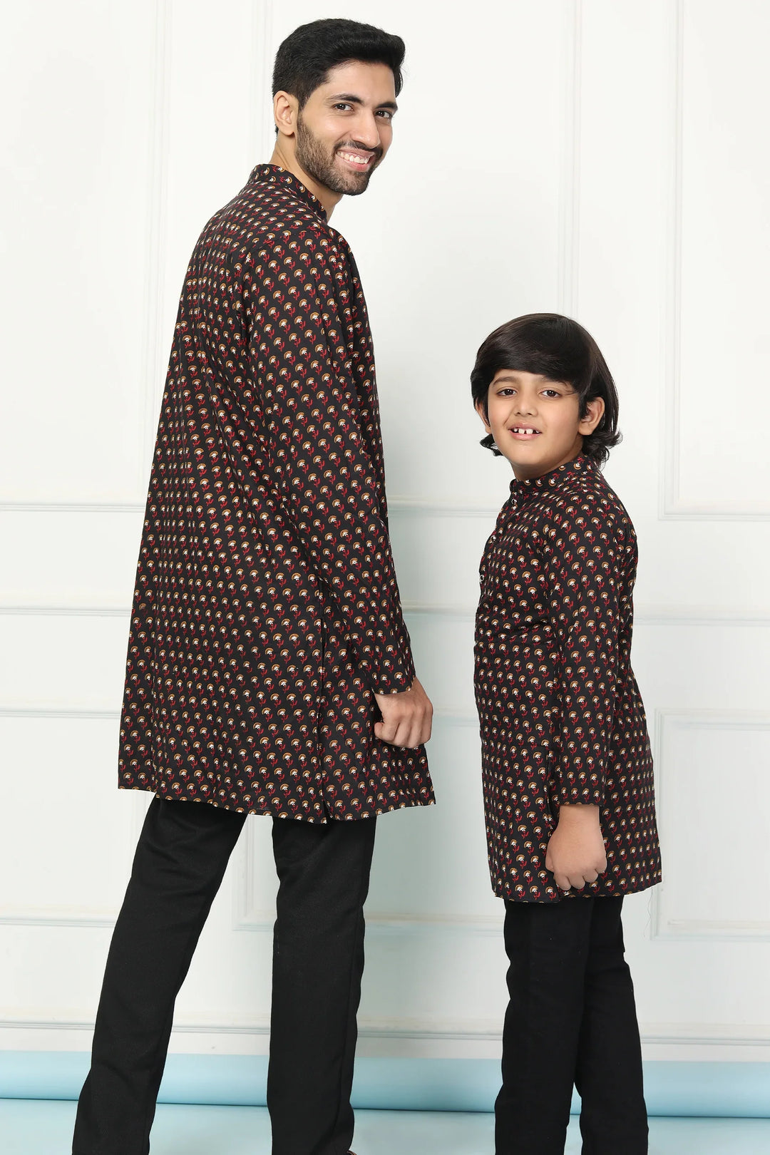 Black Printed Short Matching Kurta Father & Son Twin Set