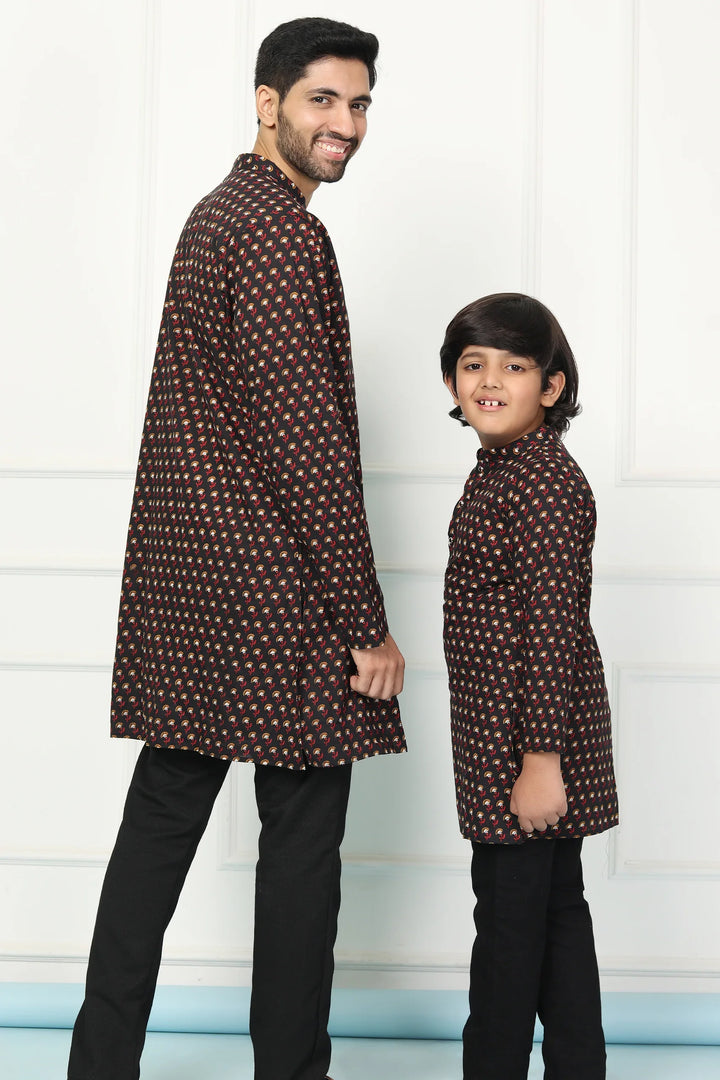 Black Printed Short Matching Kurta Father & Son Twin Set