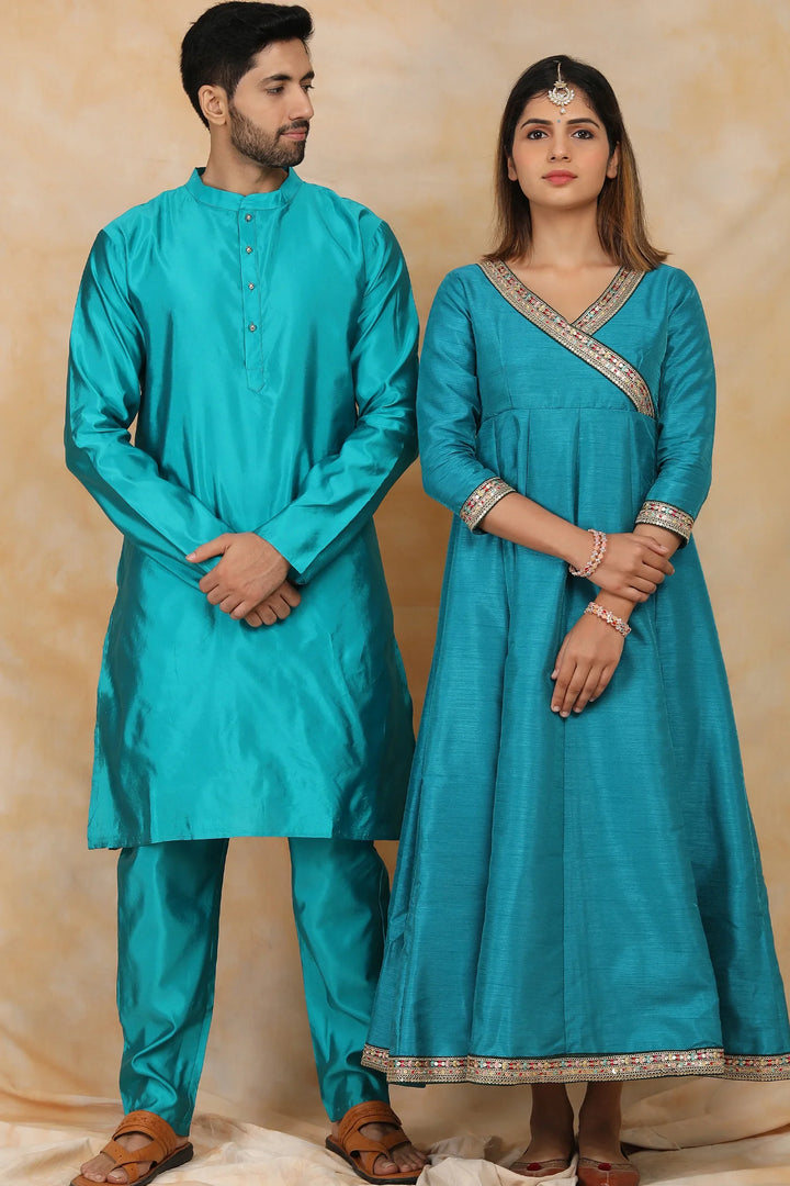 Exquisite Peacock Blue Ethnic Silk Gown with Matching Kurta Pyjama Couple Set