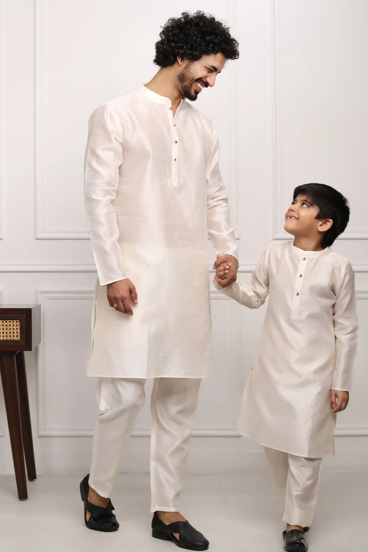 Exquisite  Ivory Silk Kurta Pyjama For Father And Son