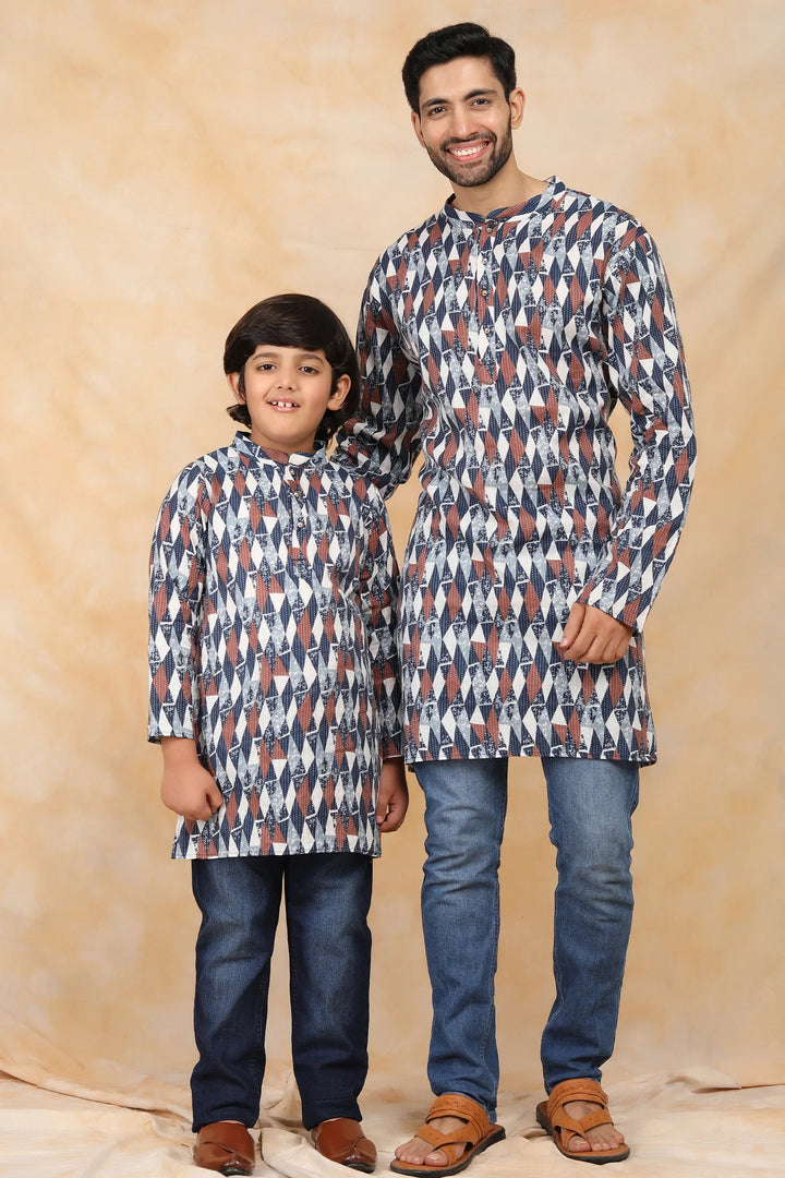 Navy Blue & White Ikkat Printed Matching Kurta Father & Son Twin Set