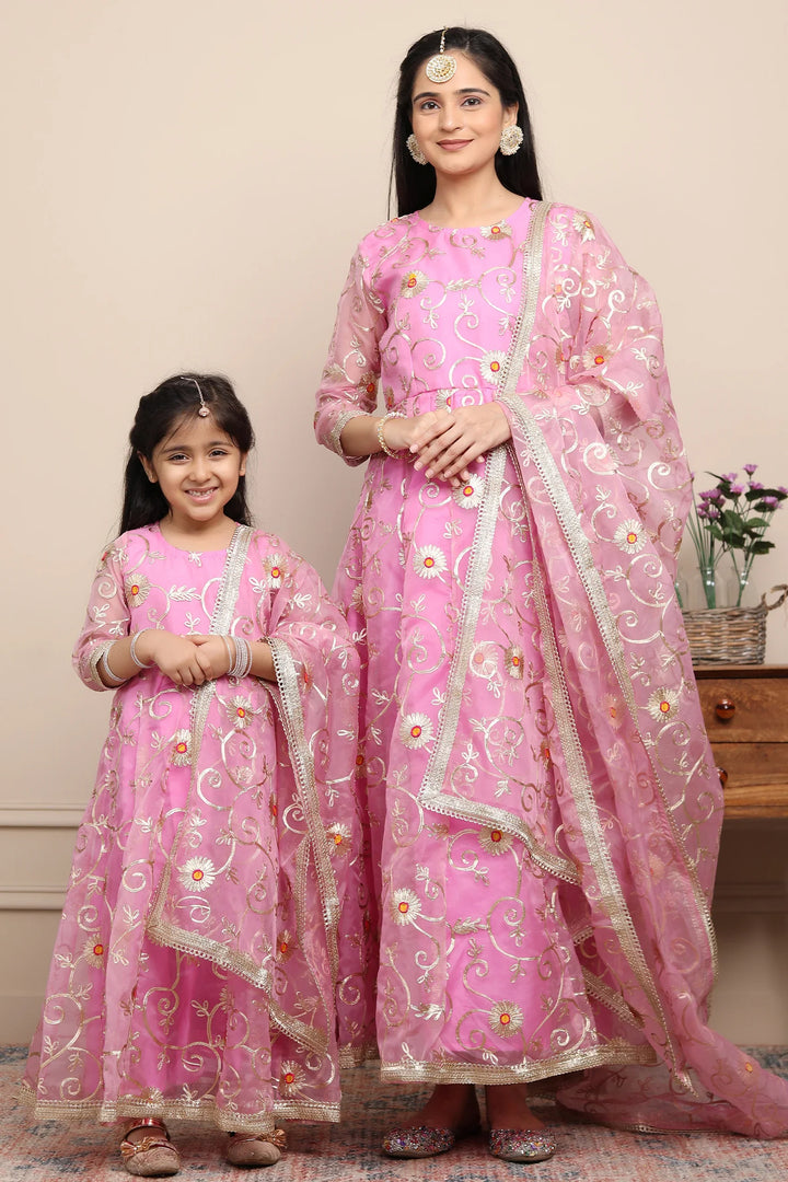Elegant Ethnic Rouge & Silver Gota Patti Mom-Daughter Gown Set