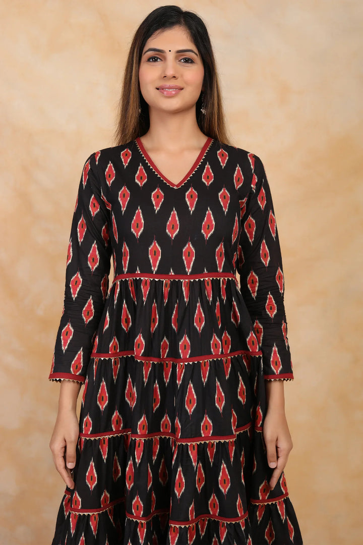 Ikkat Printed Gown Set in Black and Red for Mother and Daughter Twin
