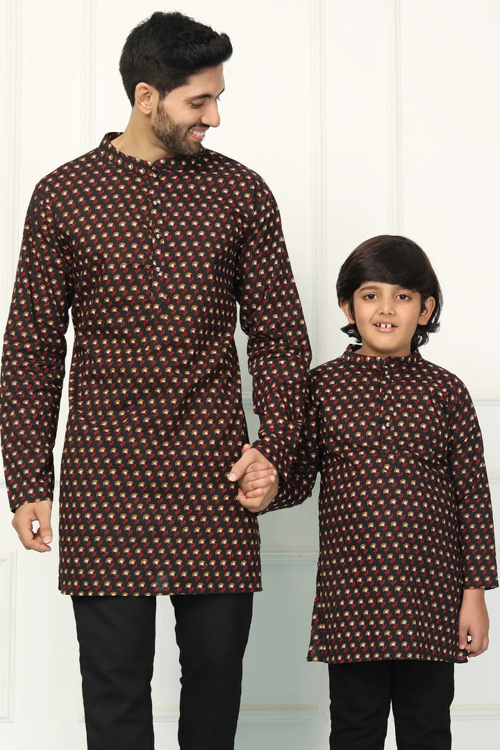 Black Printed Short Matching Kurta Father & Son Twin Set