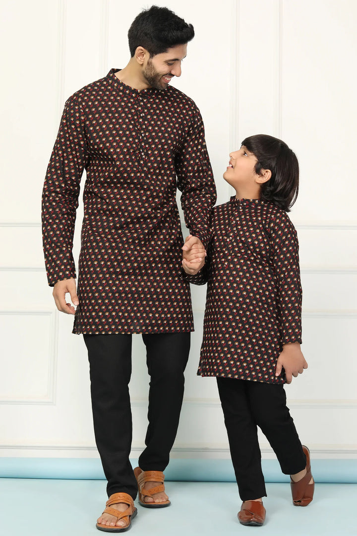 Black Printed Short Matching Kurta Father & Son Twin Set