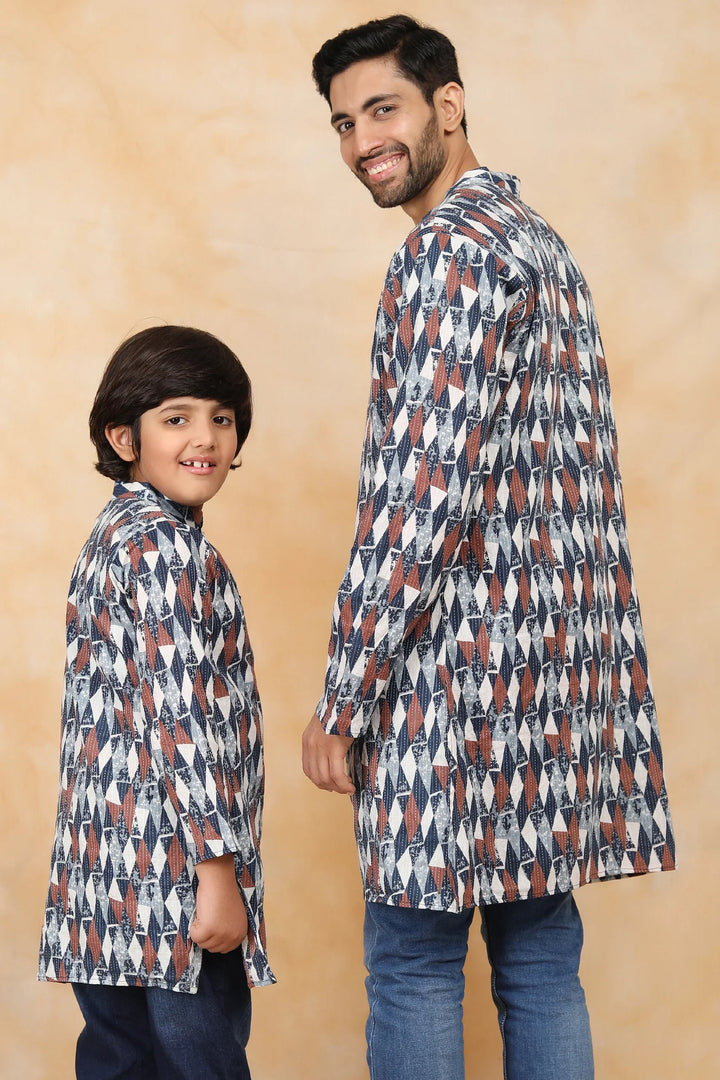 Navy Blue & White Ikkat Printed Matching Kurta Father & Son Twin Set