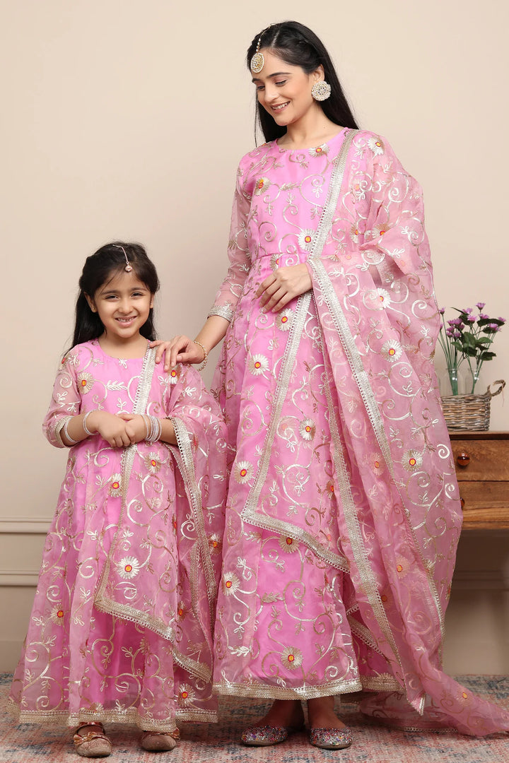 Elegant Ethnic Rouge & Silver Gota Patti Mom-Daughter Gown Set