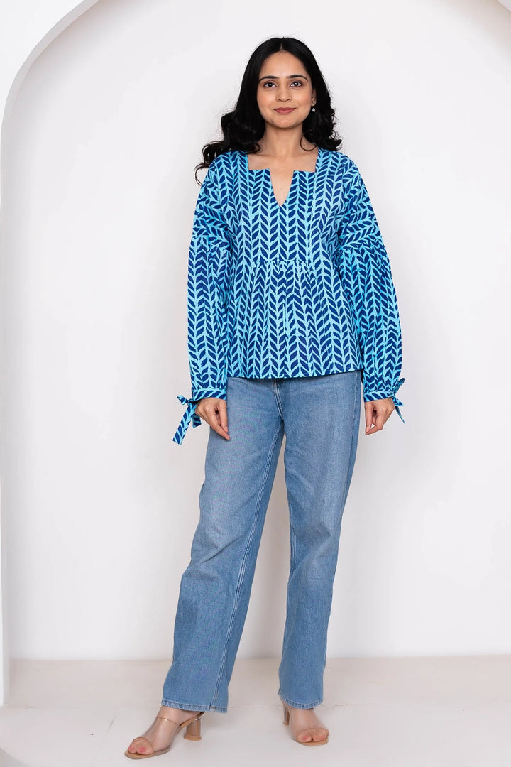 Blue Leaf Printed Matching Top & Shirt Couple Twin Set