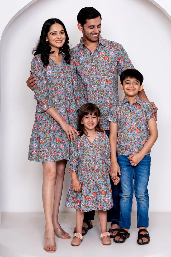 Grey floral Printed Family Sets with Matching Dress & shirts