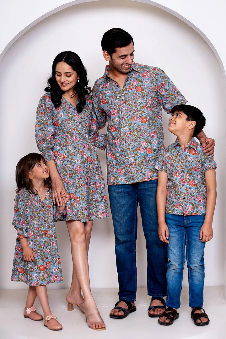 Grey floral Printed Family Sets with Matching Dress & shirts