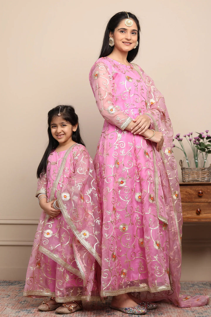Elegant Ethnic Rouge & Silver Gota Patti Mom-Daughter Gown Set