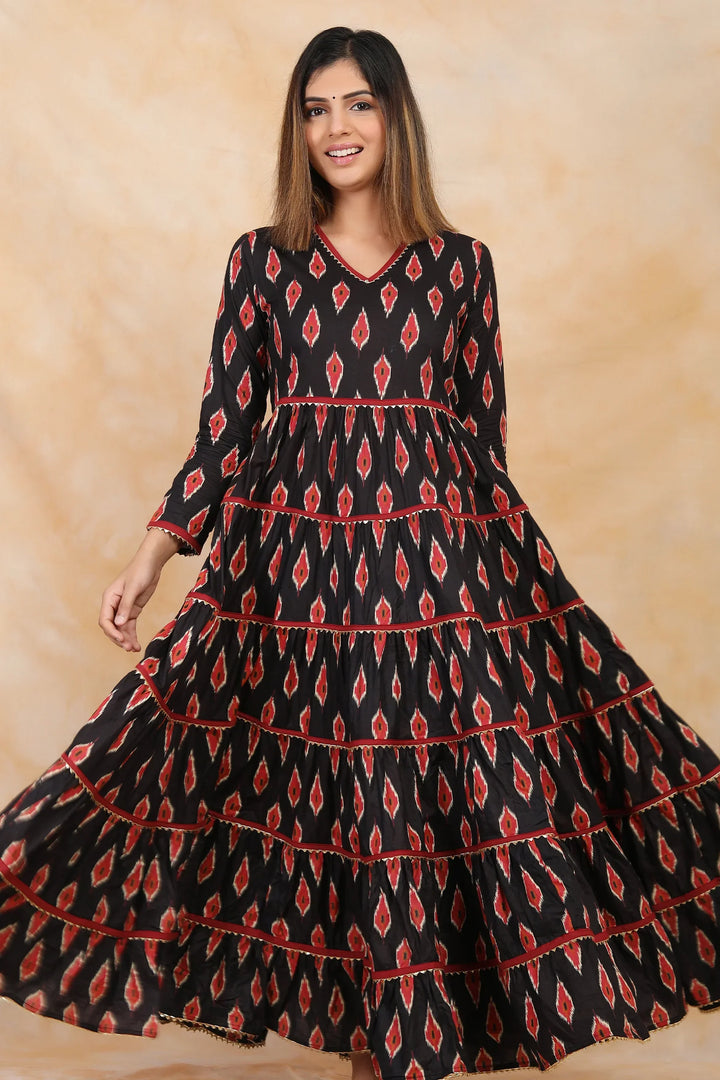 Ikkat Printed Gown Set in Black and Red for Mother and Daughter Twin