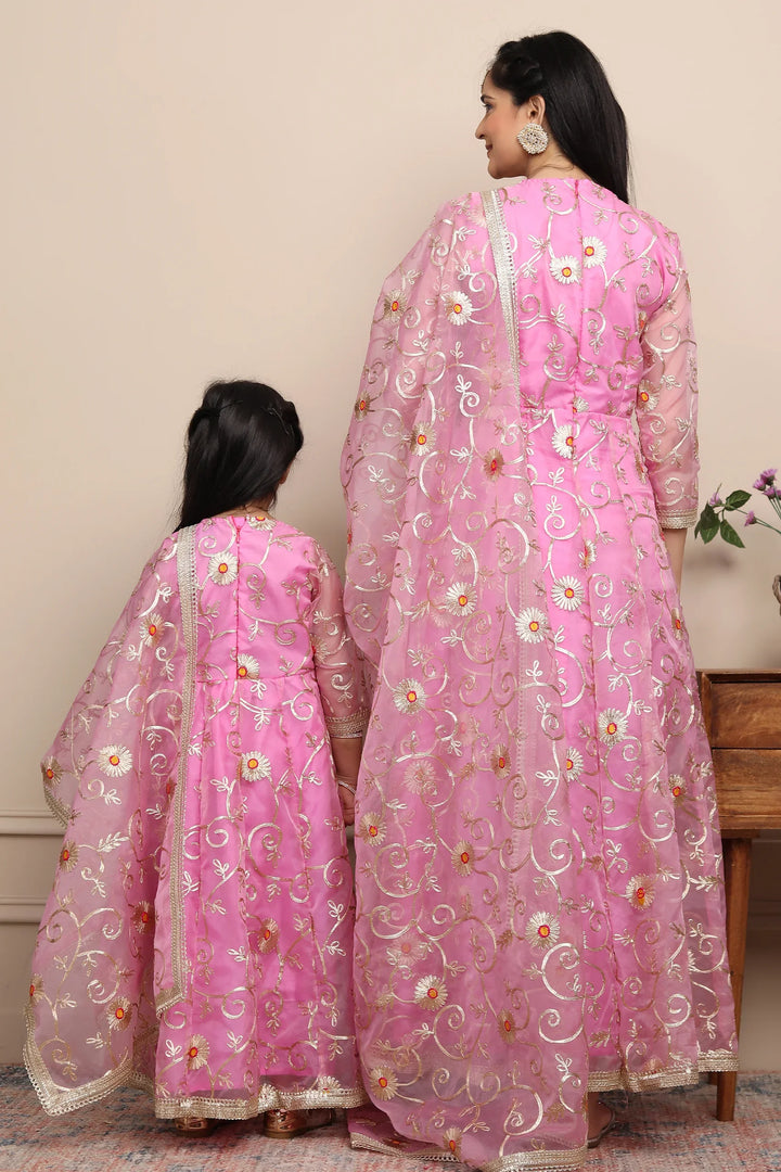 Elegant Ethnic Rouge & Silver Gota Patti Mom-Daughter Gown Set