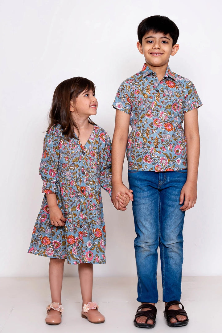 Grey floral Printed Matching Dress & Shirt For Brother and Sister