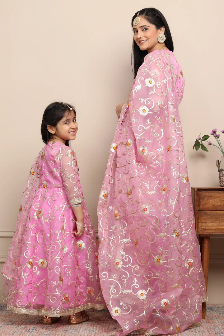 Elegant Ethnic Rouge & Silver Gota Patti Mom-Daughter Gown Set