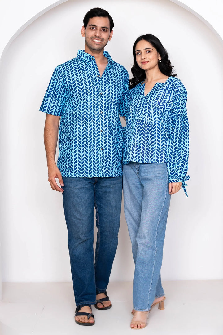 Blue Leaf Printed Matching Top & Shirt Couple Twin Set