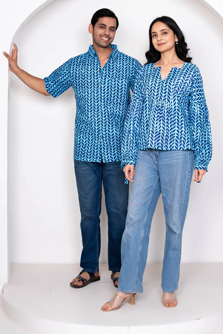 Blue Leaf Printed Matching Top & Shirt Couple Twin Set
