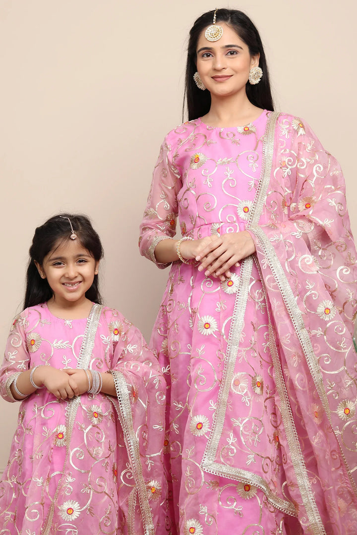 Elegant Ethnic Rouge & Silver Gota Patti Mom-Daughter Gown Set