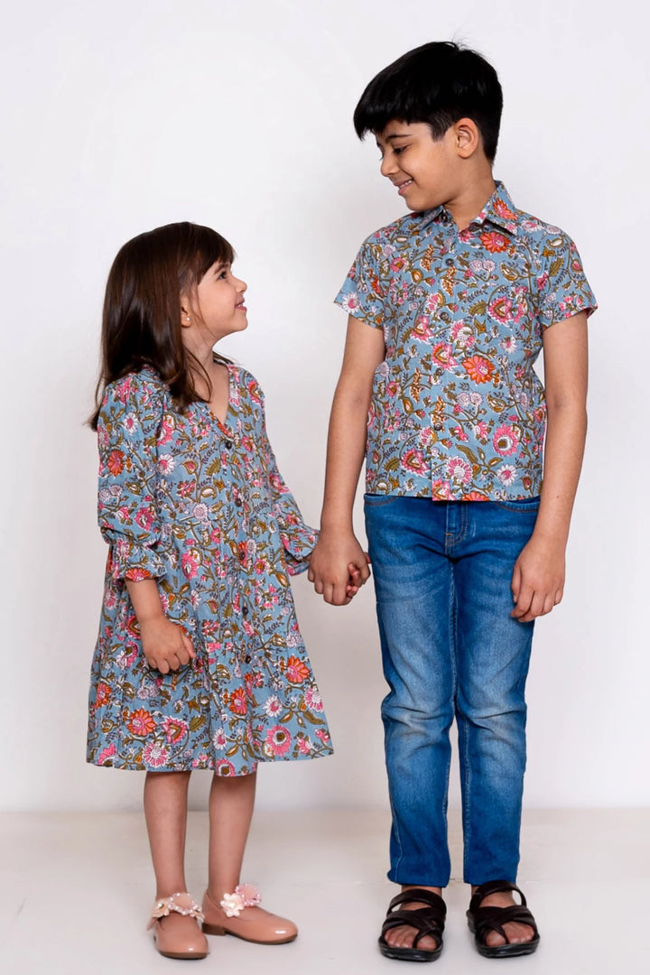 Grey floral Printed Matching Dress & Shirt For Brother and Sister