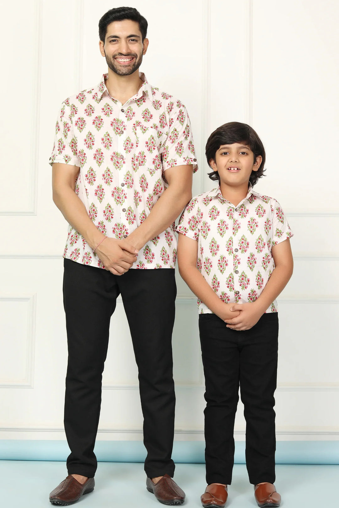 White and Red Block Printed Matching Shirt Father & Son Twin Set