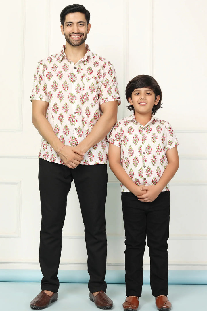 White and Red Block Printed Matching Shirt Father & Son Twin Set
