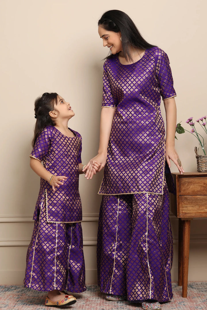 Elegant Purple Brocade Suits for Mom and Daughter