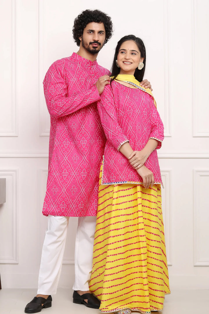 Fuchsia Jaipuri Kurta and Yellow Bandhani Lehenga Couple Set