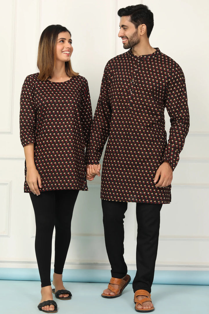 Black Printed Short Kurti & Matching Kurta Couple set