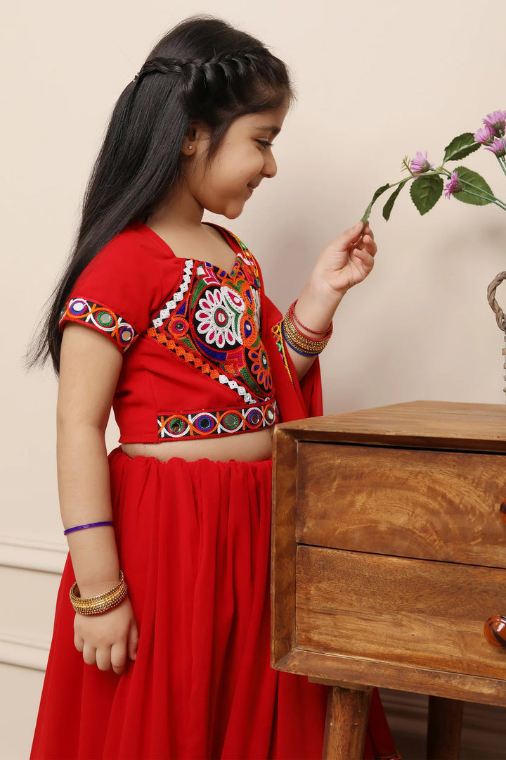 Exclusive Hand Embroidered Ethnic  Red Chaniya Choli Set with Matching Dupatta For Kid