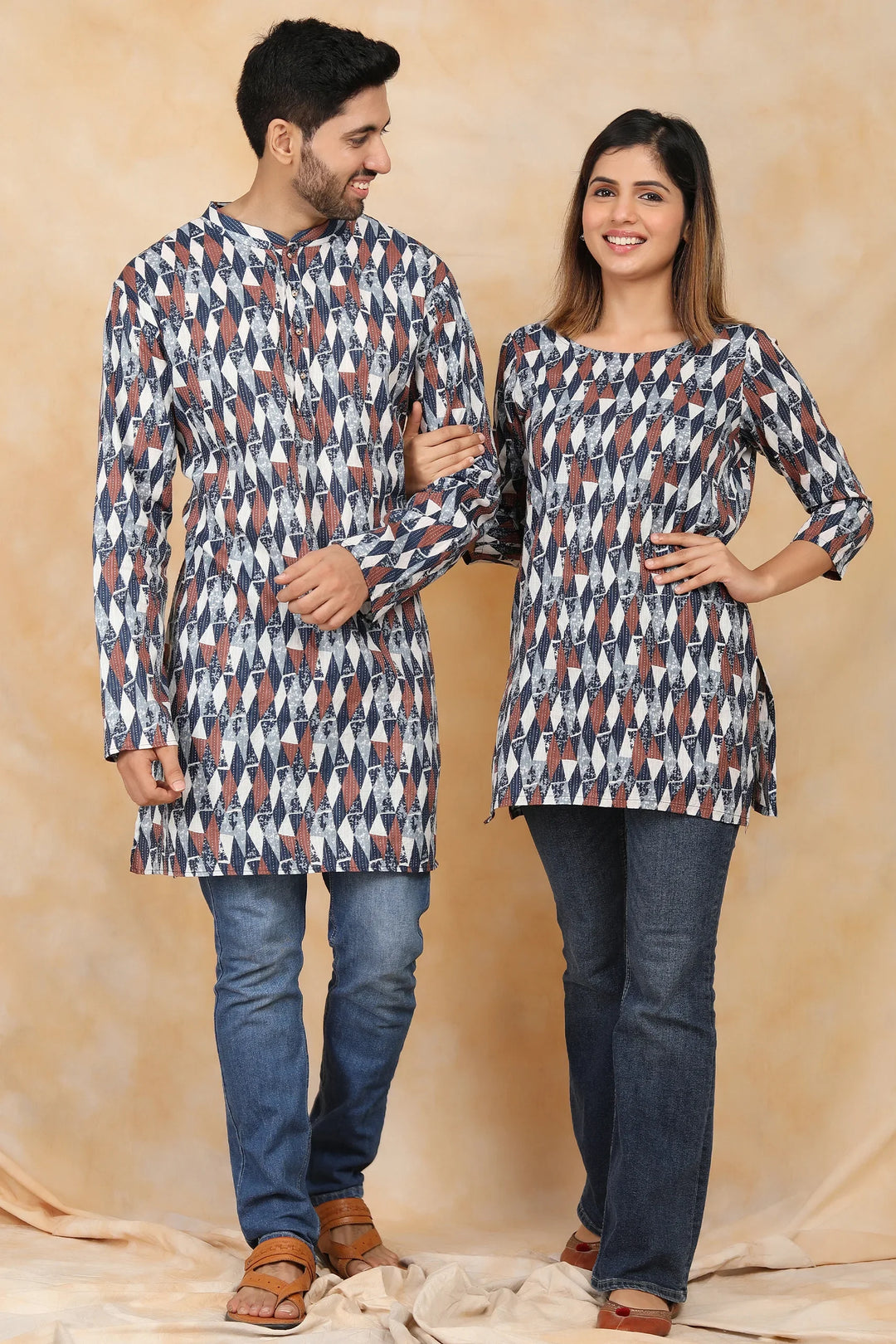 Navy  Blue & White Ikkat Printed Kurti with Matching Kurta Couple Twin Set