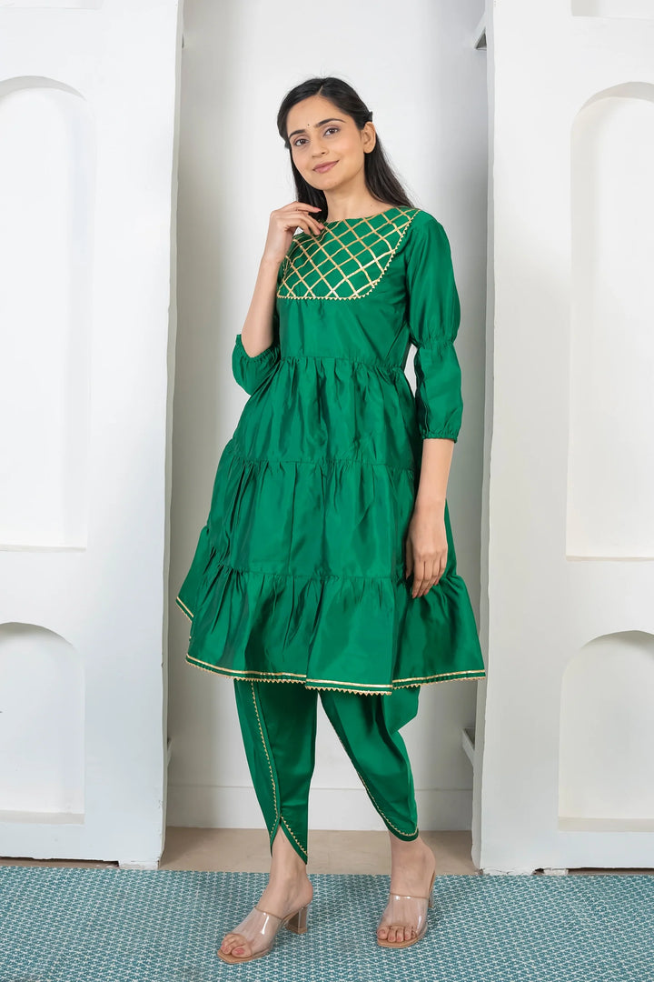 Green and Golden Tiered Kurta with Dhoti for Women
