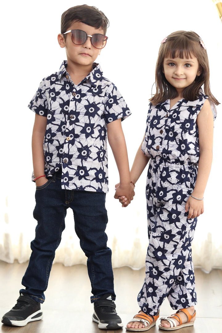 Navy Blue And White Printed Jumpsuit and Shirt Family Twin Set