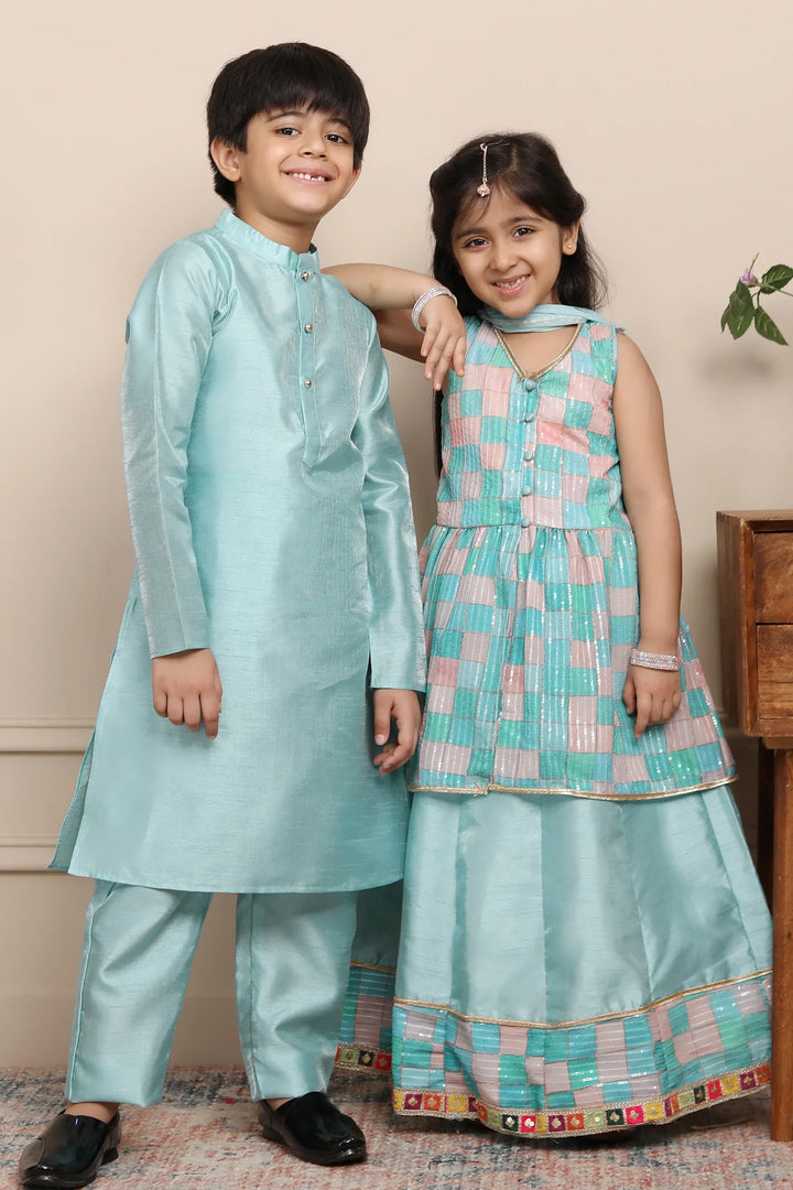 Shining Aqua Blue Lehenga and Peplum Top Set With Matching Kurta Pyjama for Family