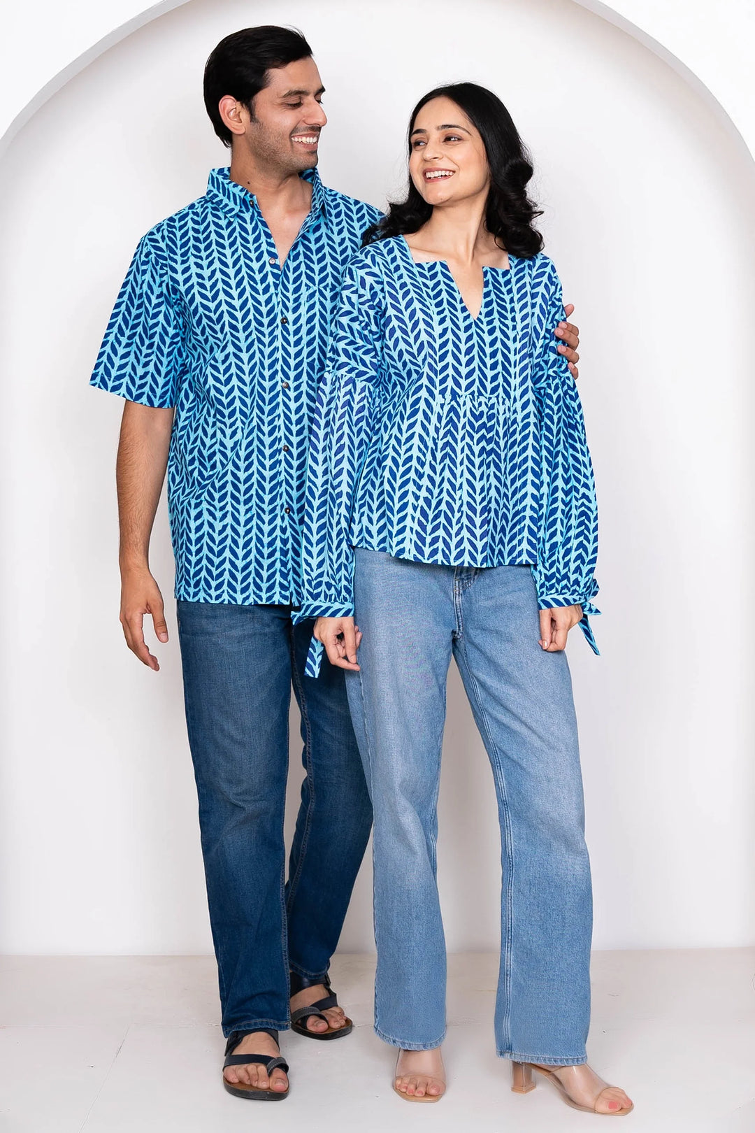 Blue Leaf Printed Matching Top & Shirt Couple Twin Set