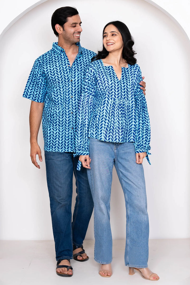 Blue Leaf Printed Matching Top & Shirt Couple Twin Set