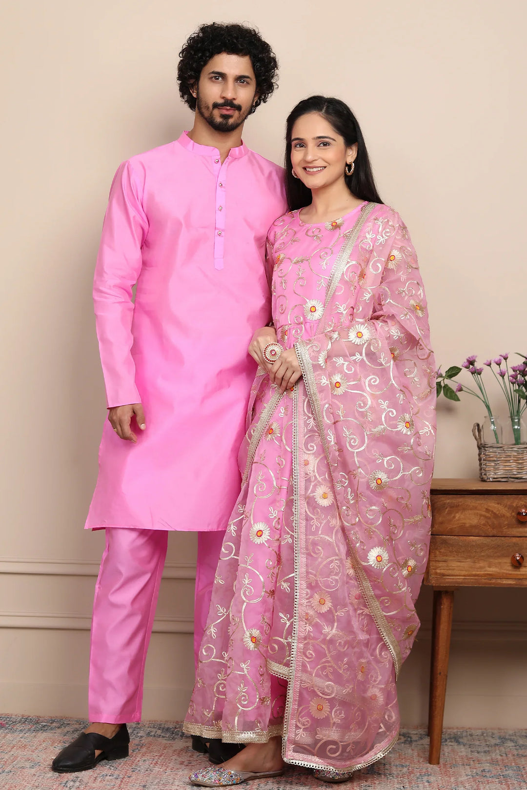 Elegant Ethnic Couple Set: Rouge & Silver Gota Patti Gown with Kurta Pyjama