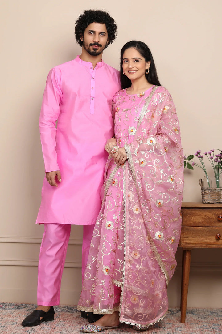 Elegant Ethnic Couple Set: Rouge & Silver Gota Patti Gown with Kurta Pyjama