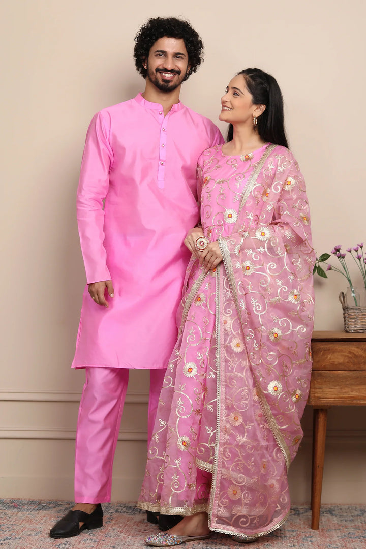 Elegant Ethnic Couple Set: Rouge & Silver Gota Patti Gown with Kurta Pyjama