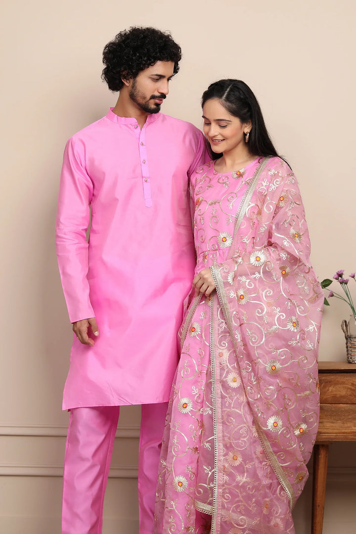Elegant Ethnic Couple Set: Rouge & Silver Gota Patti Gown with Kurta Pyjama